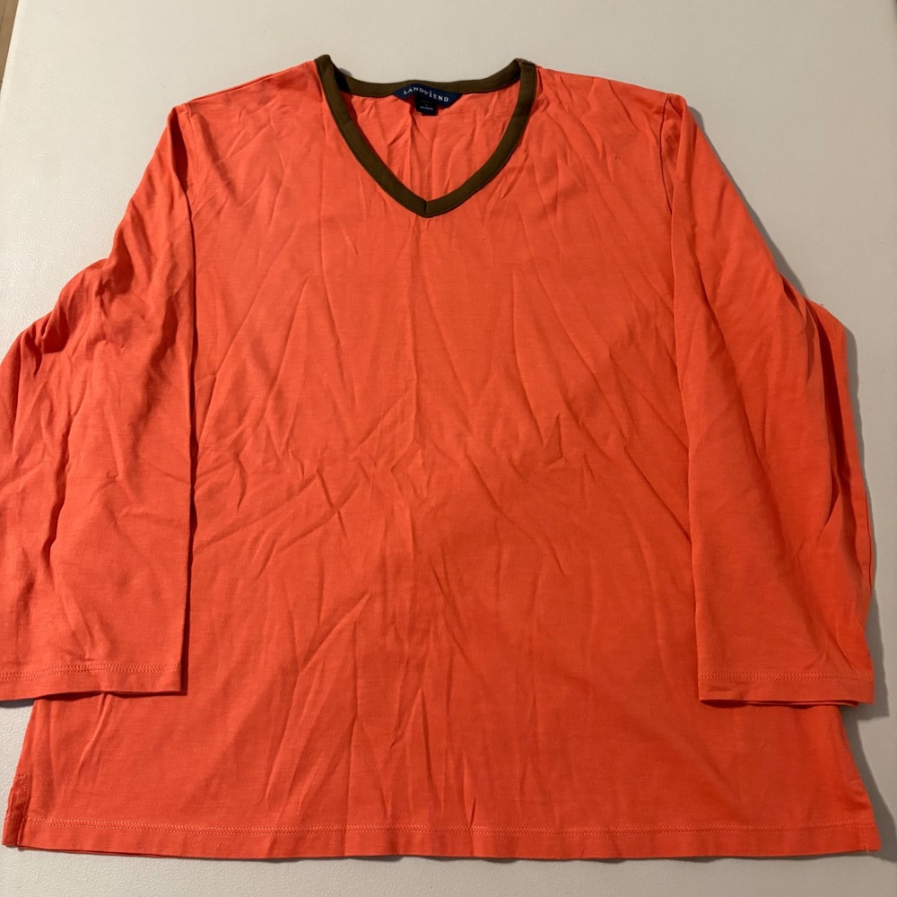 Lands End Orange‎ Long Sleeve V-Neck Cotton T-Shirt Womens Medium 10-12 Colorful